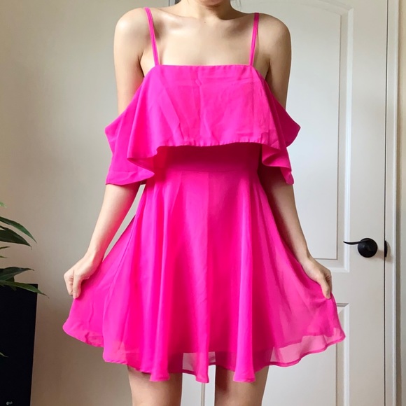 bright pink off the shoulder dress